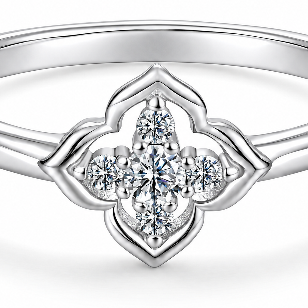 Detailed product-only crop of the white gold plated quatrefoil moissanite ring setting and band.