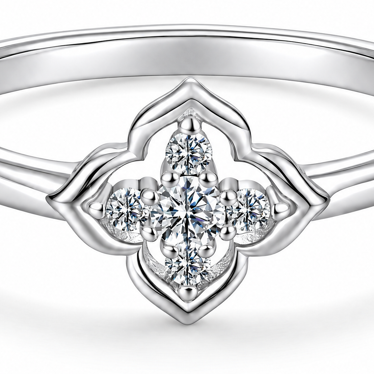 Detailed product-only crop of the white gold plated quatrefoil moissanite ring setting and band.