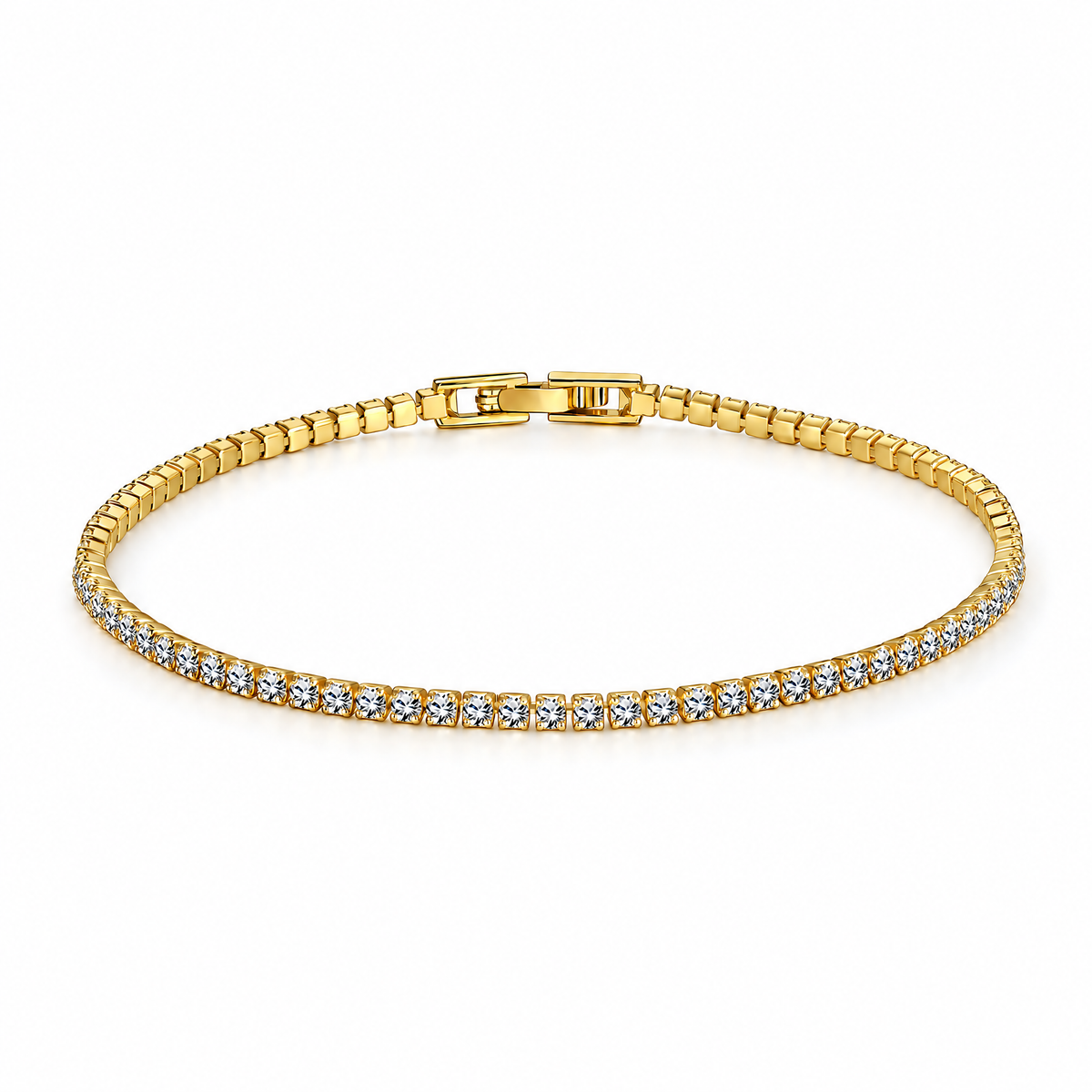 Gold Tone Mila tennis bracelet with clear stones and clasp, full product view on a seamless white studio background with a soft contact shadow; existing supplier-photo background restyled with AI.