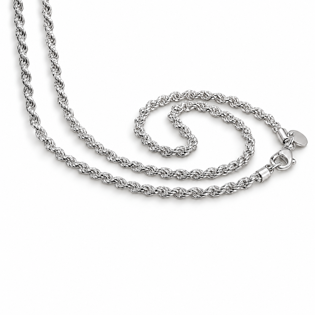 The Gala Twisted Rope Chain Necklace in sterling silver, showing the twisted chain and lobster clasp in white-studio lighting.