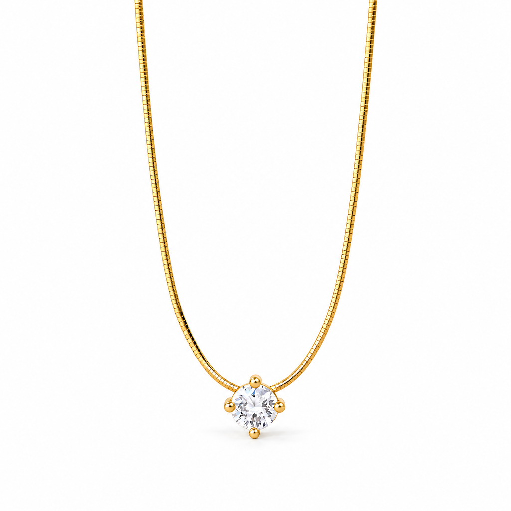 The Halcyon Round CZ Pendant — centered gold pendant studio portrait in a white studio treatment; reference-based AI visualization.
