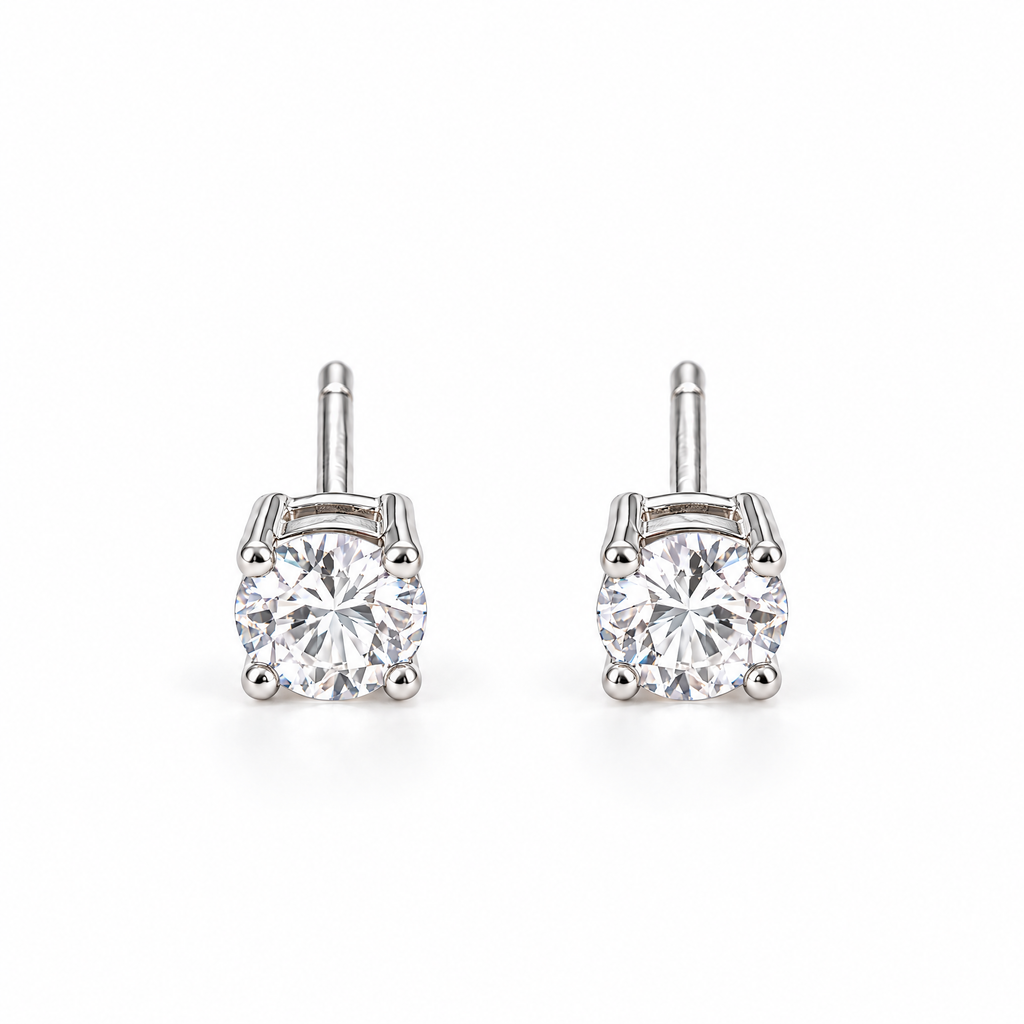 The Neva CZ Stud Earrings — silver-tone front pair view in a white studio with soft contact shadows; studio edit and AI enhancement of the existing reference-based AI visualization.