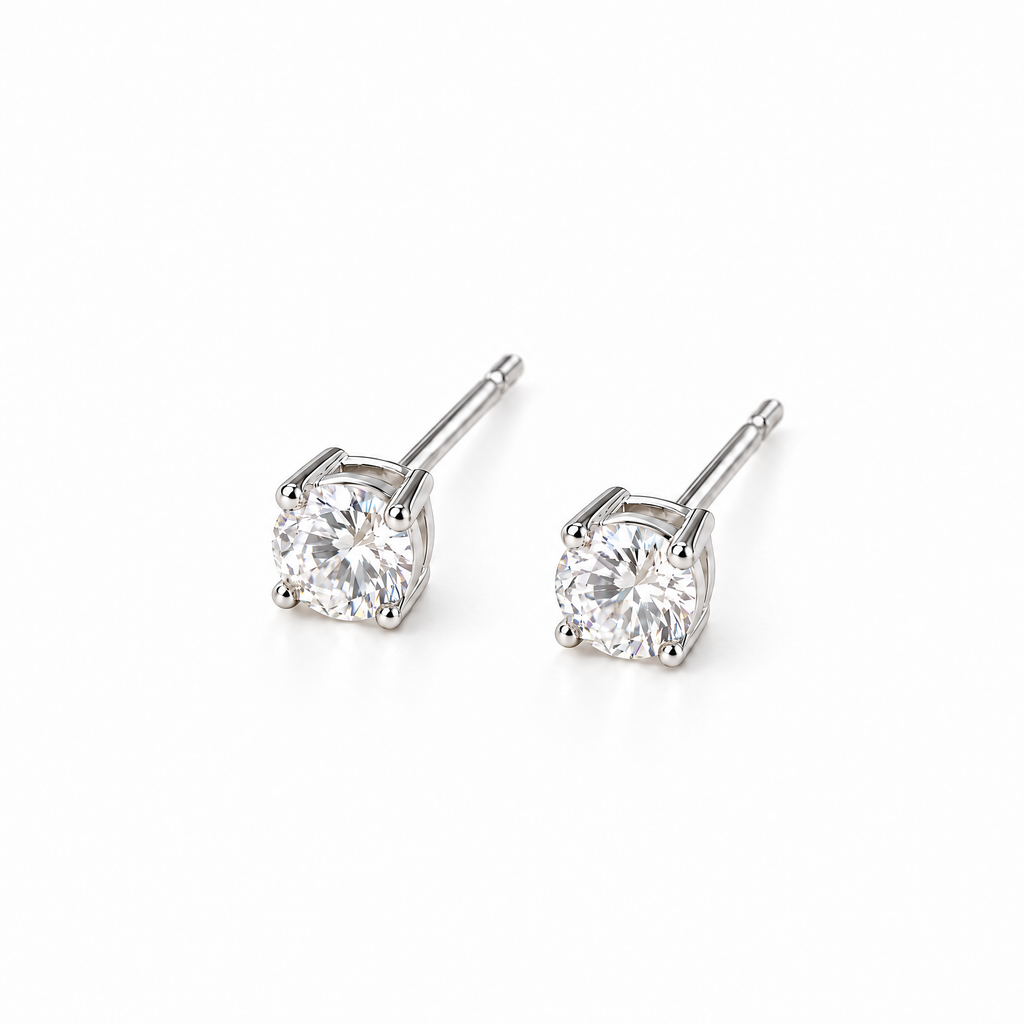 The Neva CZ Stud Earrings — silver-tone elevated macro pair view in a white studio with soft contact shadows; studio edit and AI enhancement of the existing reference-based AI visualization.