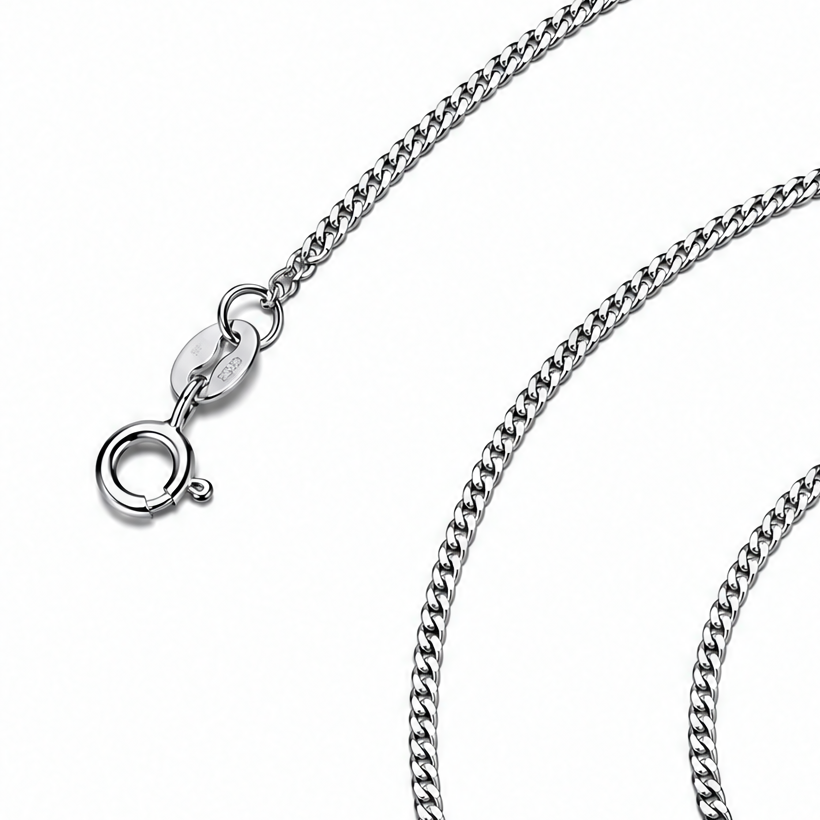 Sterling Silver fine curb chain clasp and link detail on white.