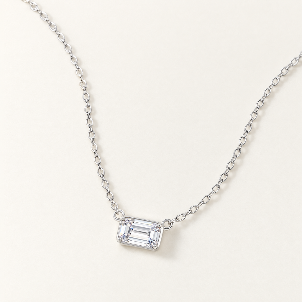 The Mara Geometric CZ Pendant — Shallow-oblique tabletop full necklace; reference-based AI visualization
