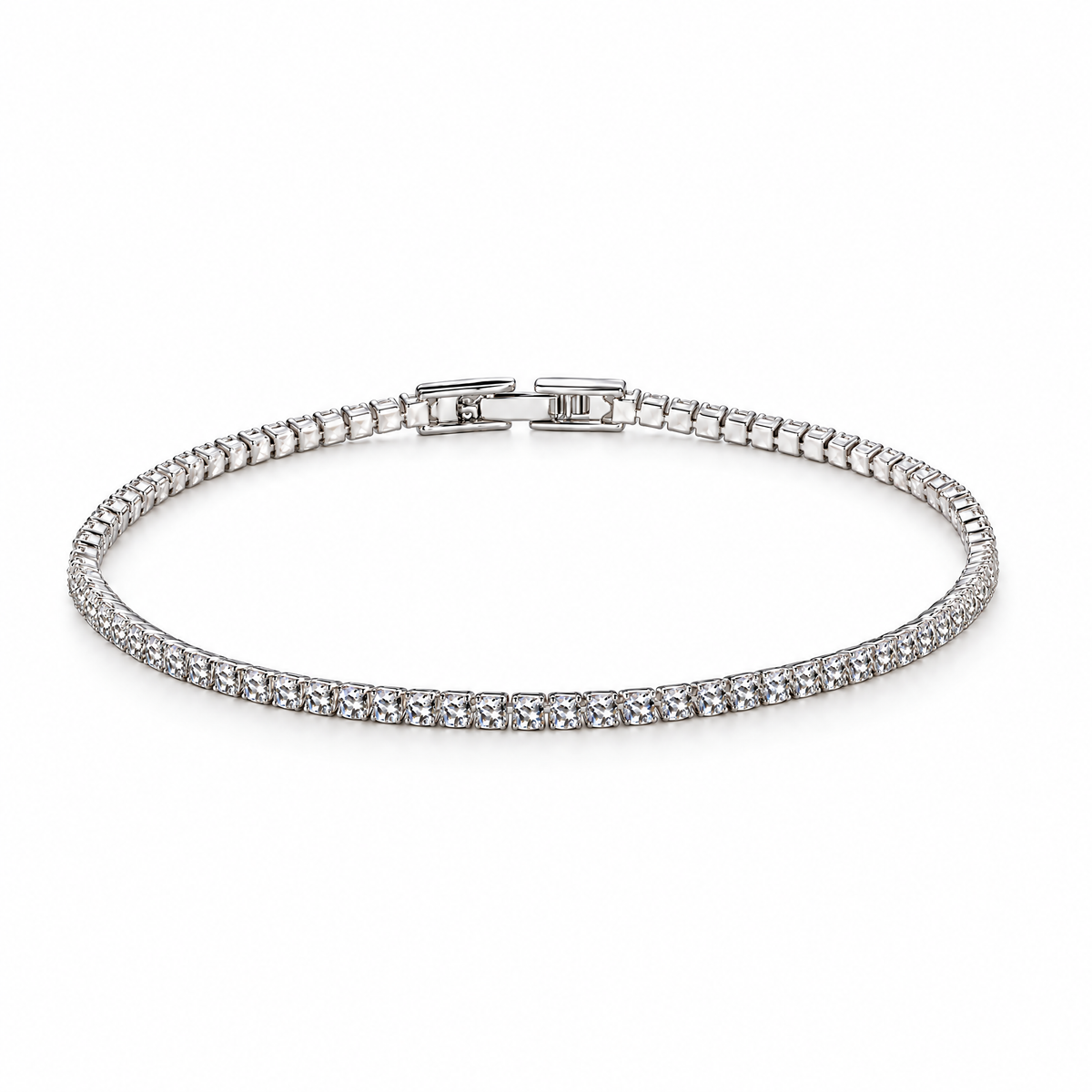 Silver Tone Mila tennis bracelet with clear stones and clasp, full product view on a seamless white studio background with a soft contact shadow; existing supplier-photo background restyled with AI.