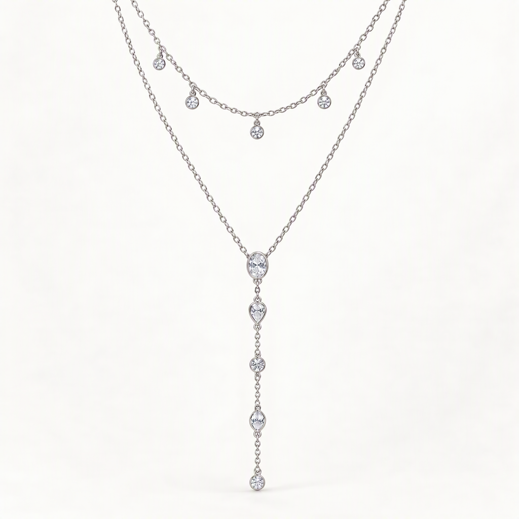 The Lyra Y-Drop Lariat — Silver lariat front detail — correct main setting; reference-based AI visualization