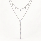 The Lyra Y-Drop Lariat — Silver lariat front detail — correct main setting; reference-based AI visualization