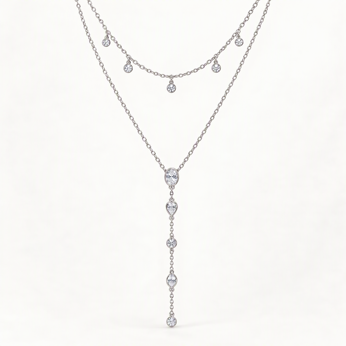 The Lyra Y-Drop Lariat — Silver lariat front detail — correct main setting; reference-based AI visualization