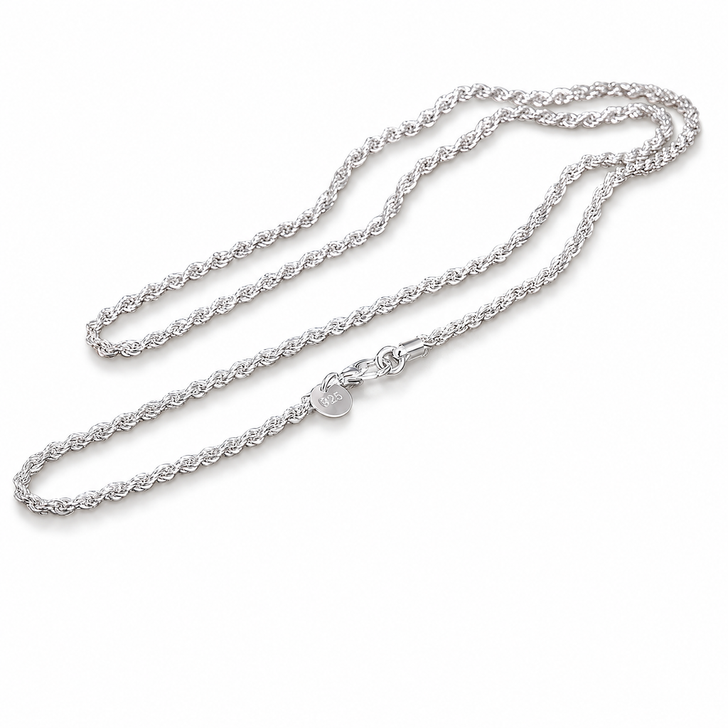 The Gala Twisted Rope Chain Necklace in silver, shown in an alternate full-chain view with clasp detail in white-studio lighting.