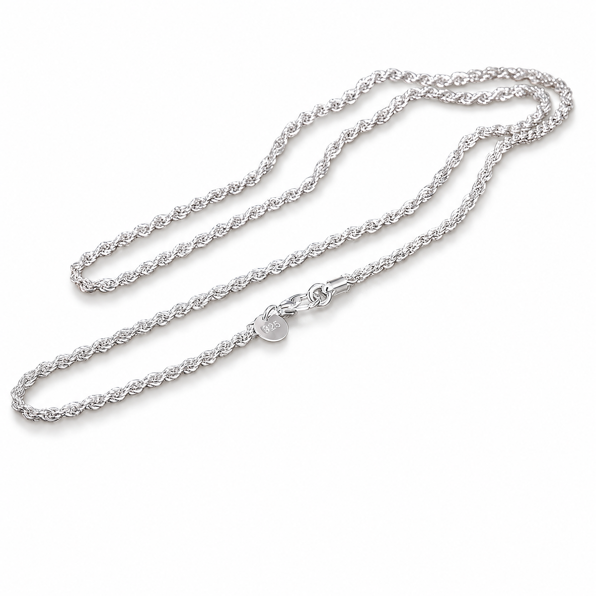 The Gala Twisted Rope Chain Necklace in silver, shown in an alternate full-chain view with clasp detail in white-studio lighting.
