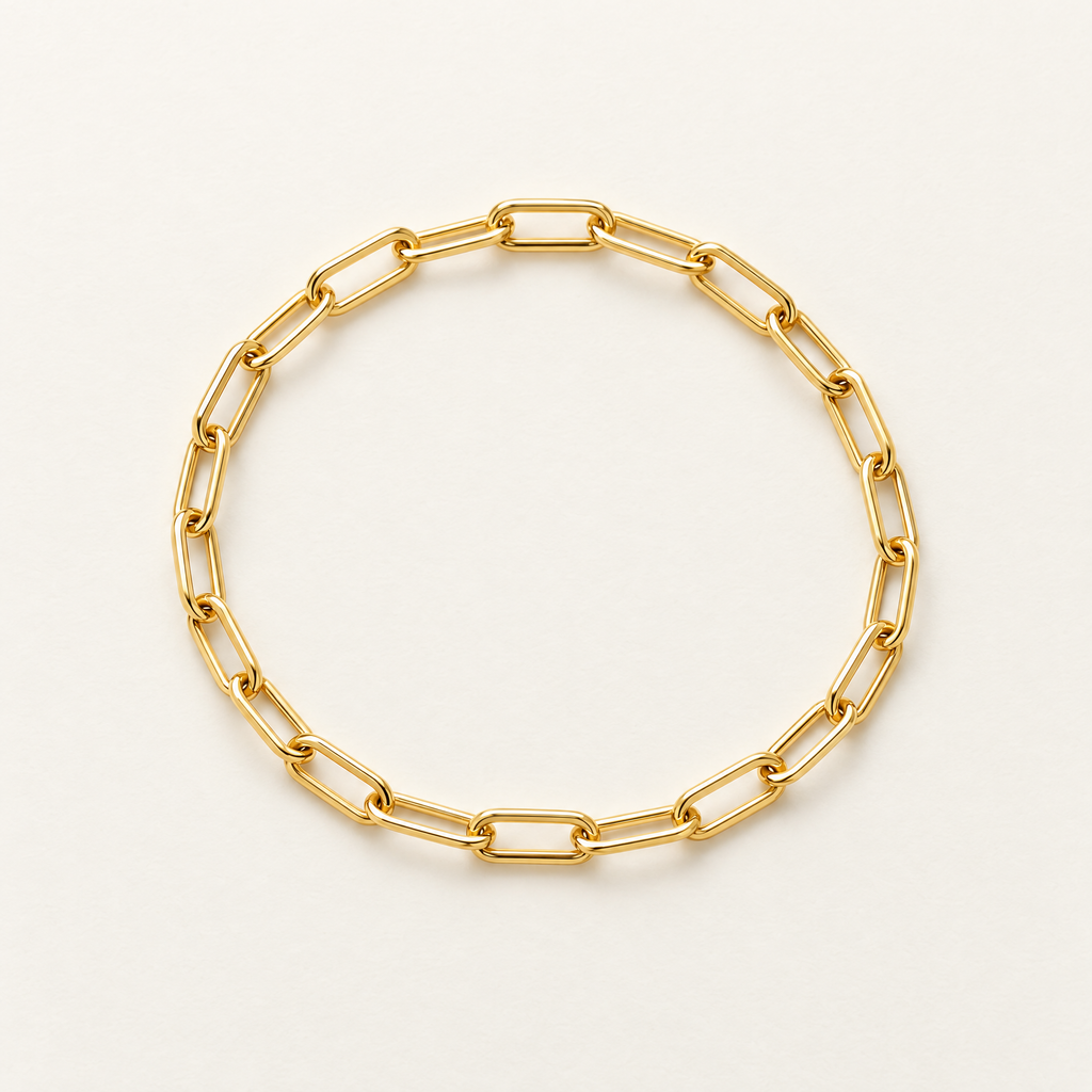 The Linnea Link Bracelet — Gold bracelet overhead oval — reference-based visualization; reference-based AI visualization