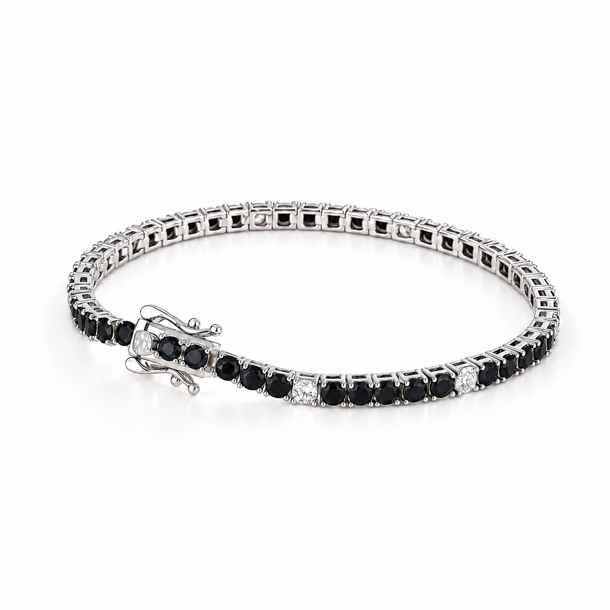 Signe black-and-white CZ tennis bracelet in seller-described 925 sterling silver, open clasp view, on a seamless white studio surface with soft contact shadow; supplier-photo restyle