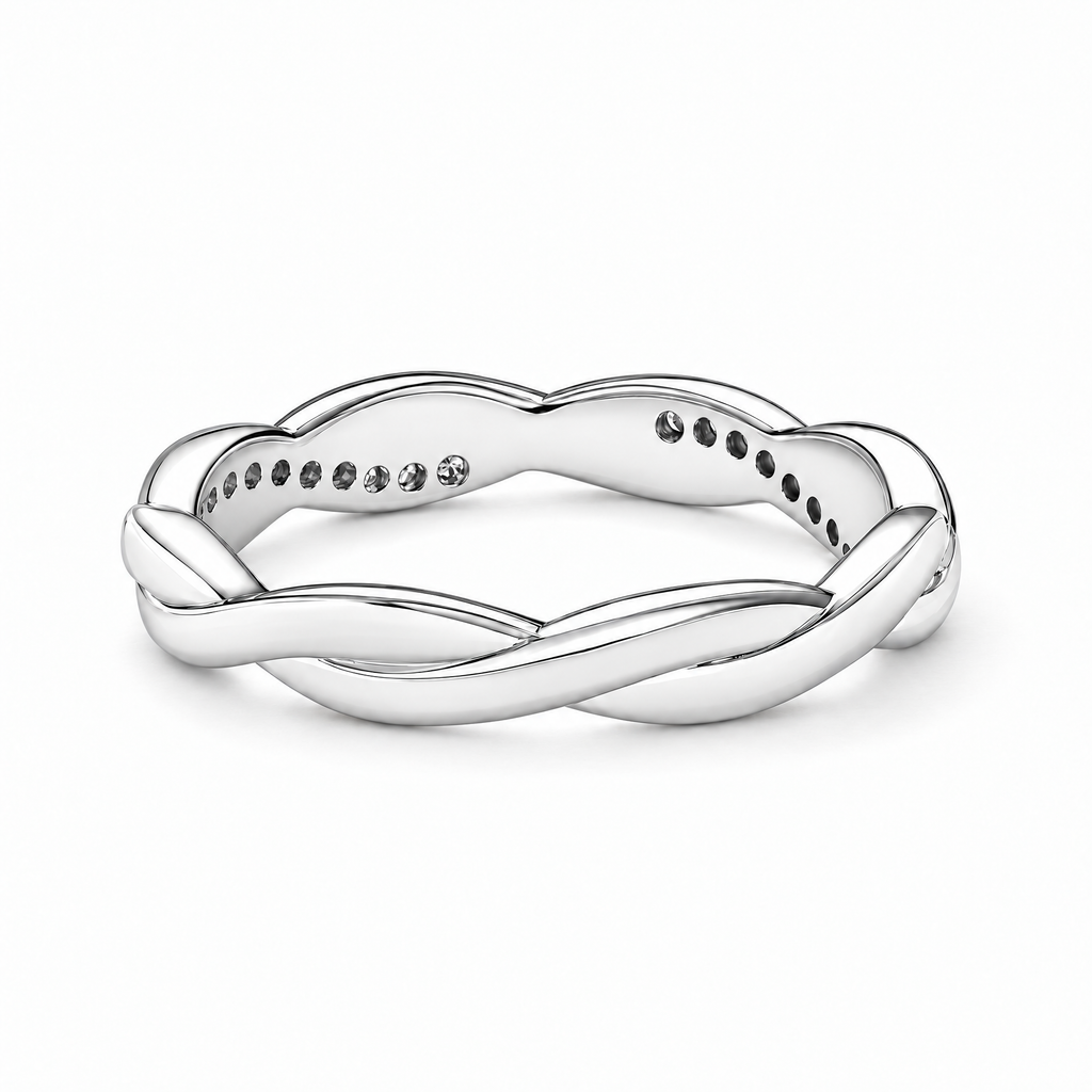 The Veda CZ Twisted Band — reverse interior white-studio view with soft shadow; studio-white edit and AI enhancement of the inherited reference-based AI visualization, not independently photographed jewelry.