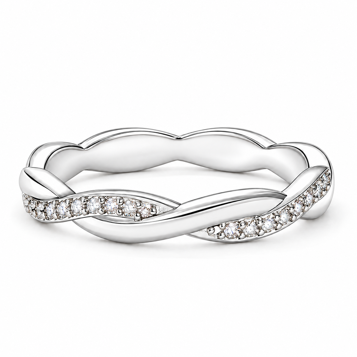 The Veda CZ Twisted Band — low-profile white-studio view with soft shadow; studio-white edit and AI enhancement of the inherited reference-based AI visualization, not independently photographed jewelry.