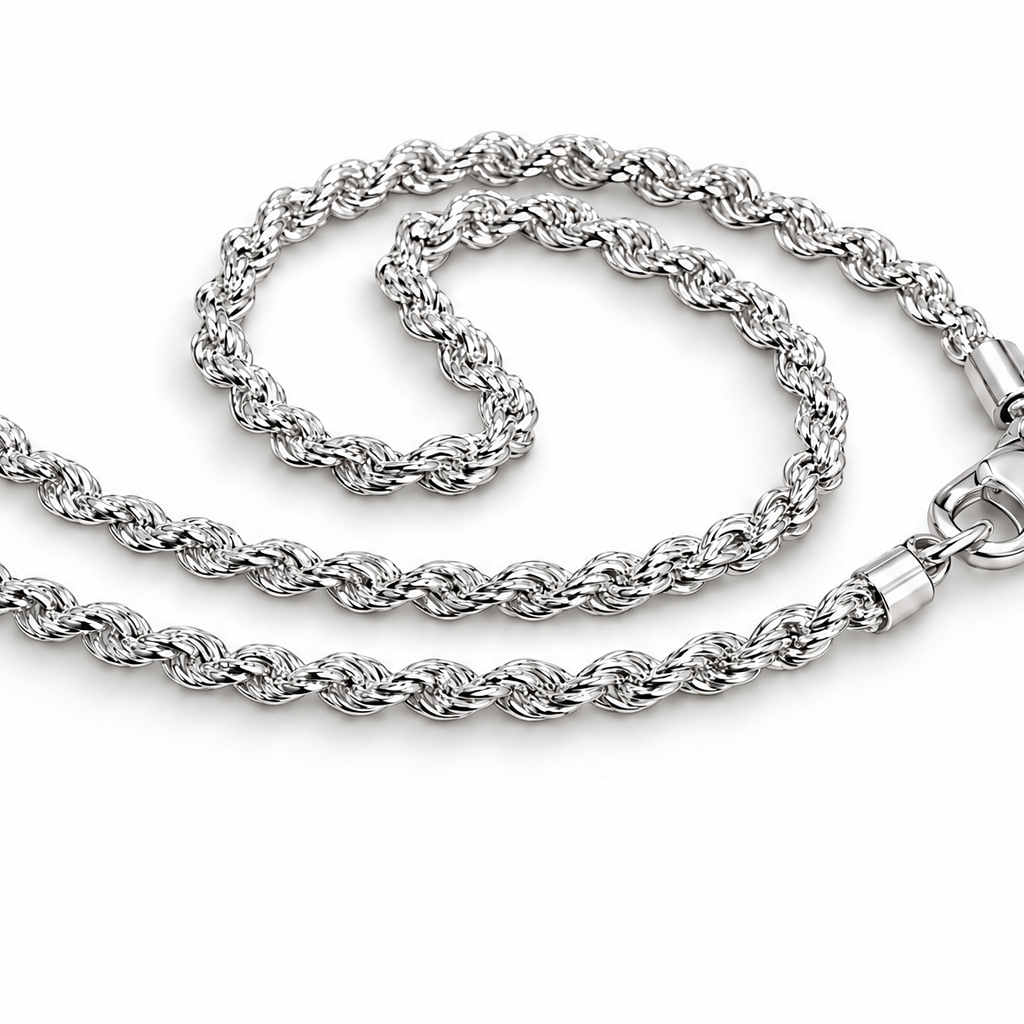 The Gala Twisted Rope Chain Necklace in silver, showing a close detail crop of the rope-link chain and lobster clasp in white-studio lighting.