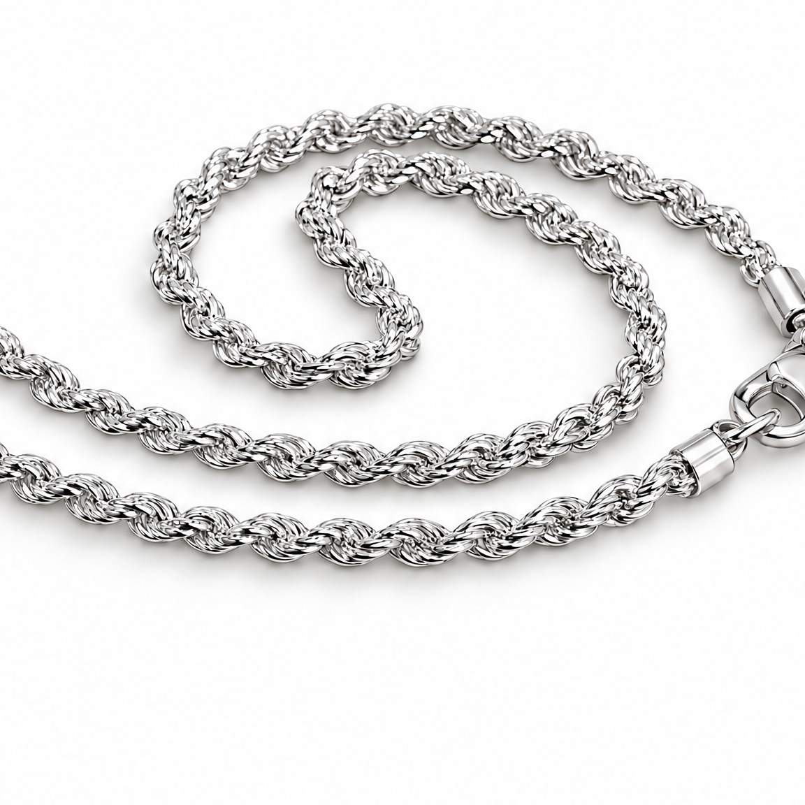 The Gala Twisted Rope Chain Necklace in silver, showing a close detail crop of the rope-link chain and lobster clasp in white-studio lighting.