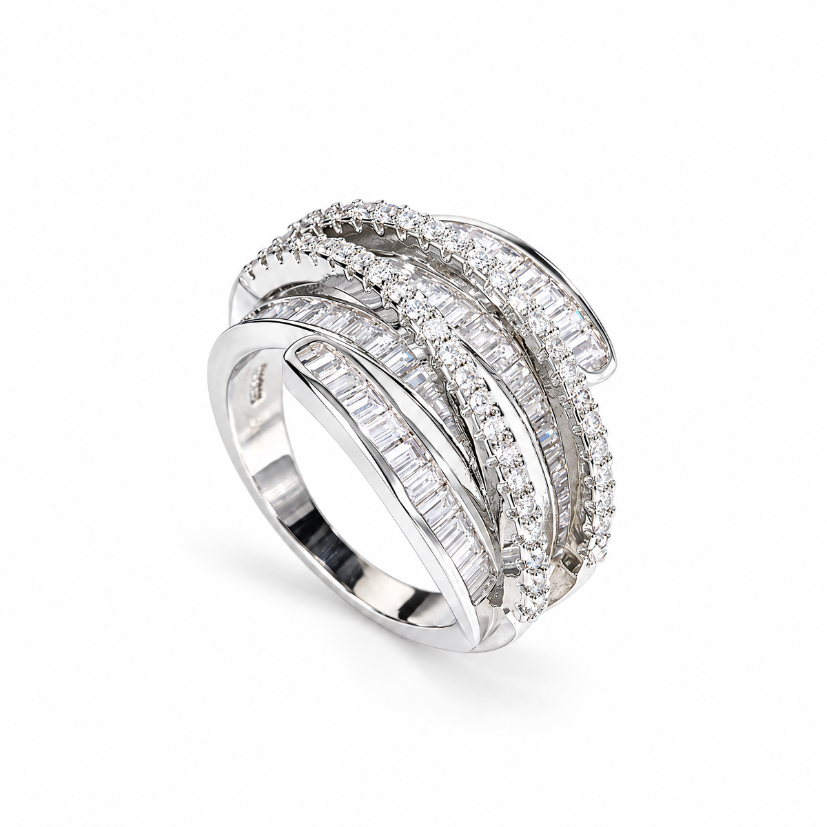 White-finish interwoven ring with white zircon stones in prong and channel settings, upright in a pure-white studio with a soft contact shadow; AI studio edit and enhancement of the existing supplier view, not independently photographed jewelry.