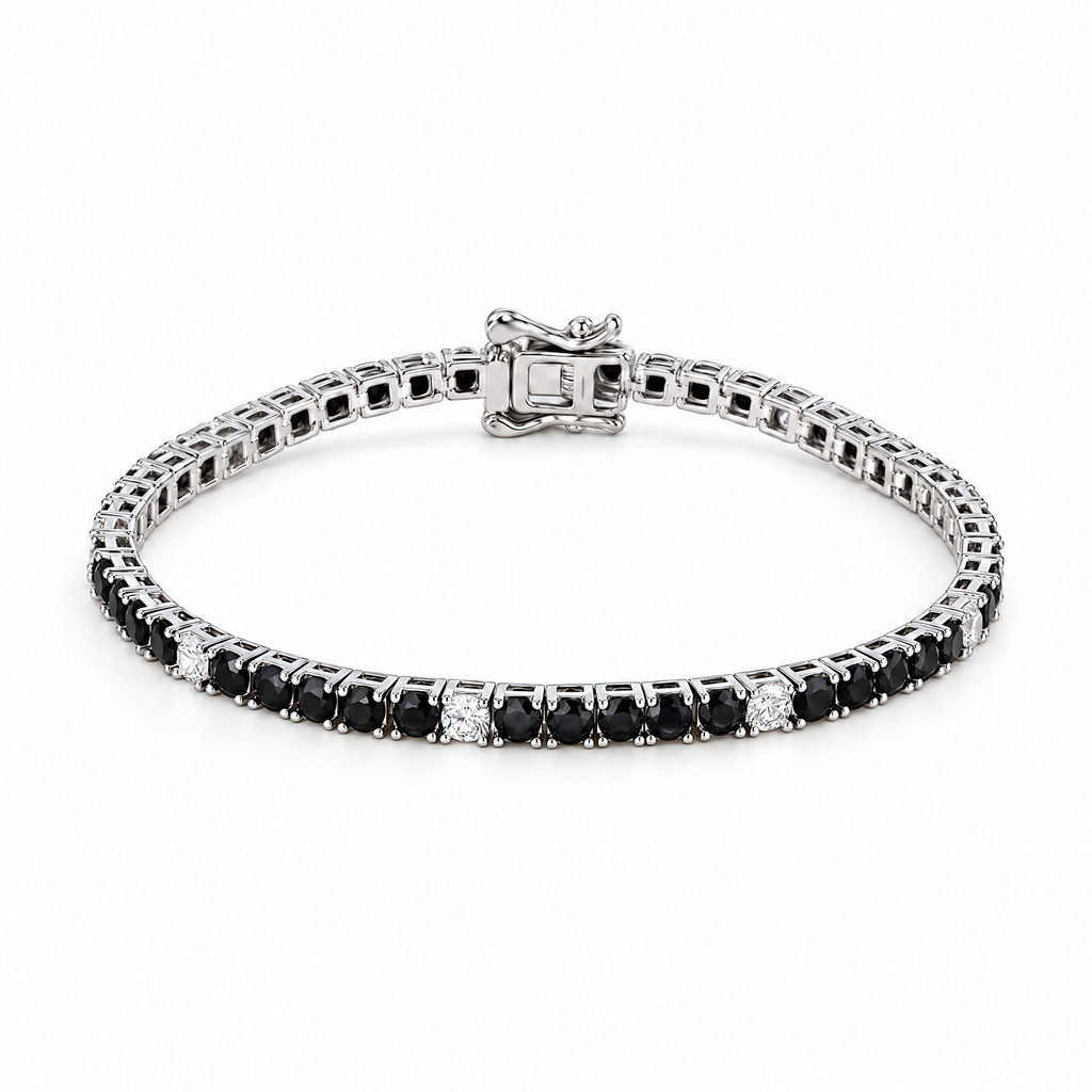 Signe black-and-white CZ tennis bracelet in seller-described 925 sterling silver, clasp view, on a seamless white studio surface with soft contact shadow; supplier-photo restyle
