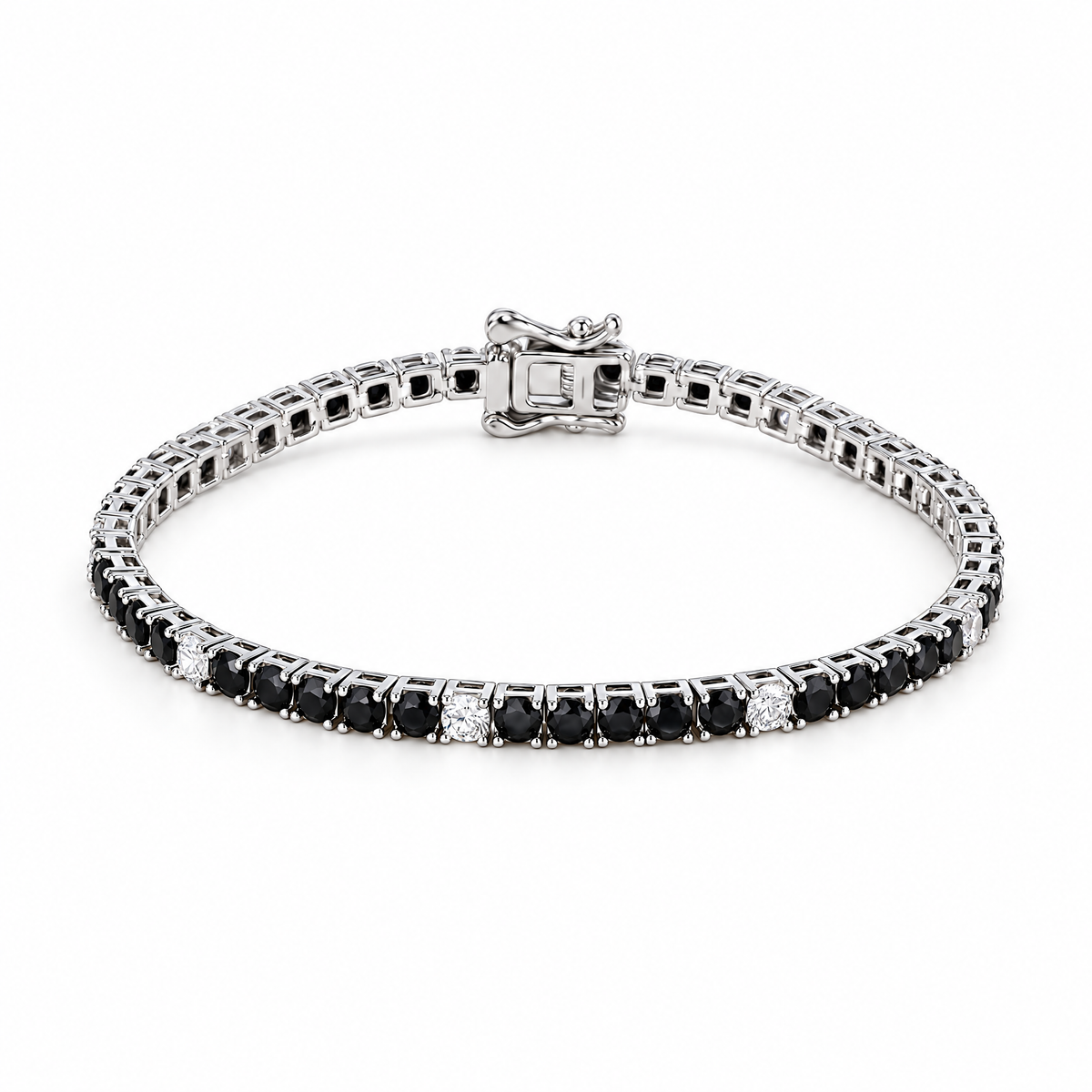 Signe black-and-white CZ tennis bracelet in seller-described 925 sterling silver, clasp view, on a seamless white studio surface with soft contact shadow; supplier-photo restyle