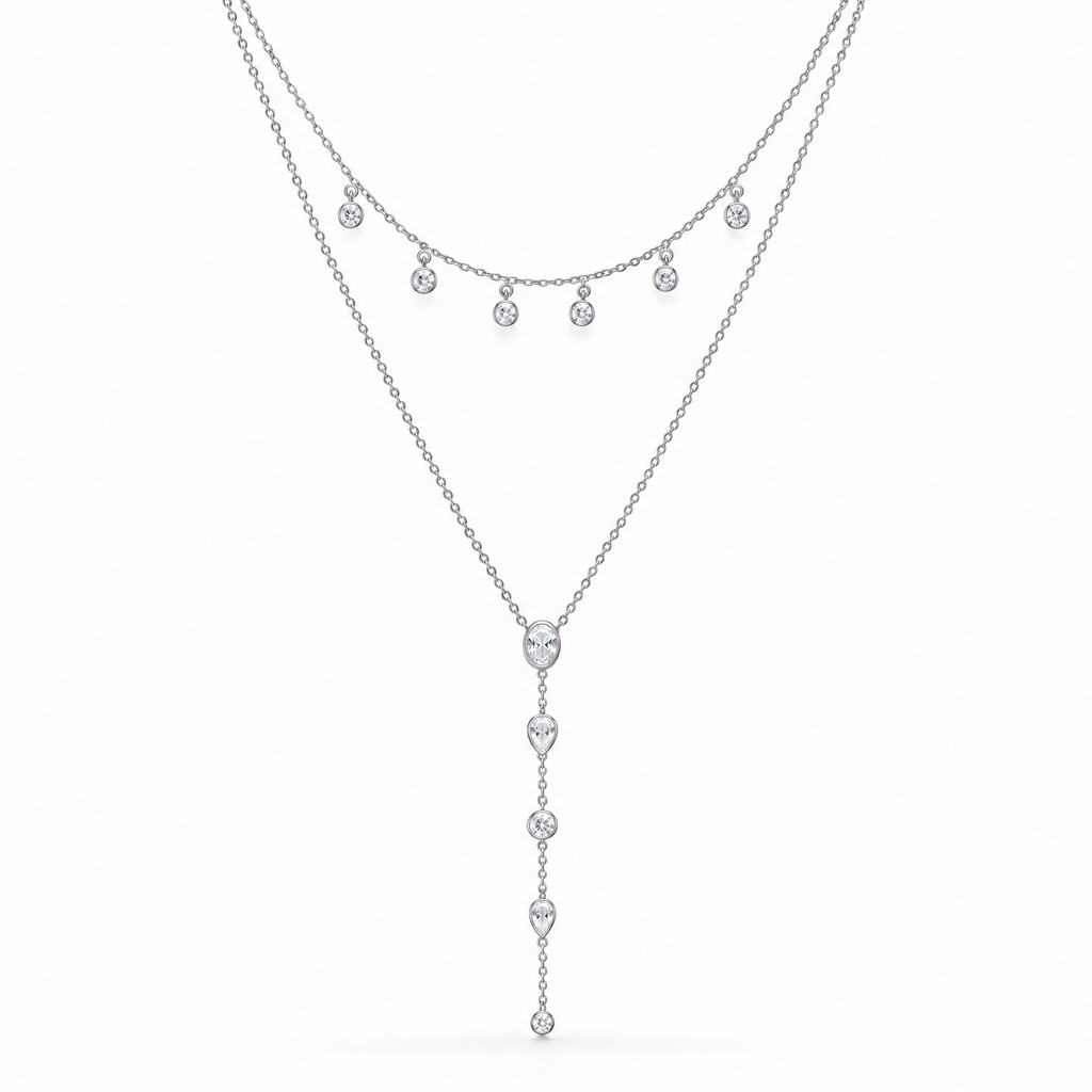 The Lyra Y-Drop Lariat — Silver full front display — correct main setting; reference-based AI visualization