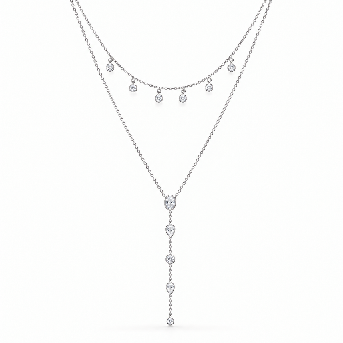 The Lyra Y-Drop Lariat — Silver full front display — correct main setting; reference-based AI visualization
