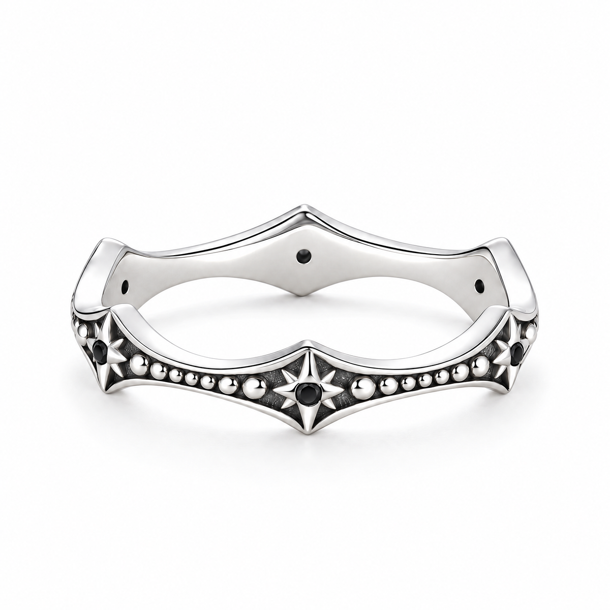 Sterling Silver curved starburst ring with dark accents and beaded detail in a seamless white studio; studio edit and AI enhancement of the inherited source-backed boutique restyle.