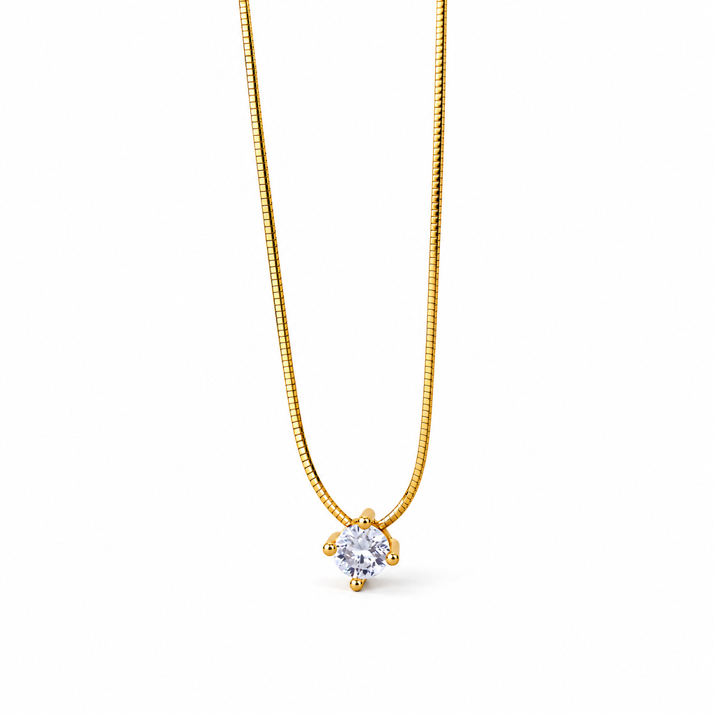 The Halcyon Round CZ Pendant — genuine gold front studio supplier view in a white studio treatment; AI-enhanced supplier view.