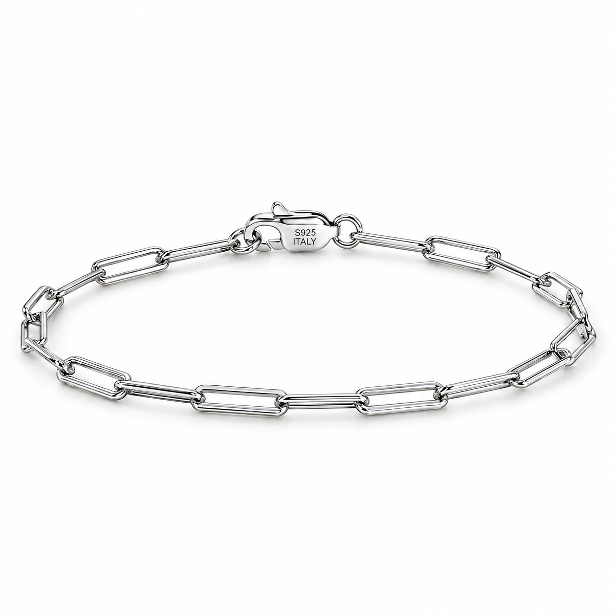 Sterling silver 2.2 mm paperclip bracelet with its visible S925 ITALY clasp, retained in the existing source angle on a seamless white studio background with a soft contact shadow; studio edit and AI enhancement of the existing supplier-source view.