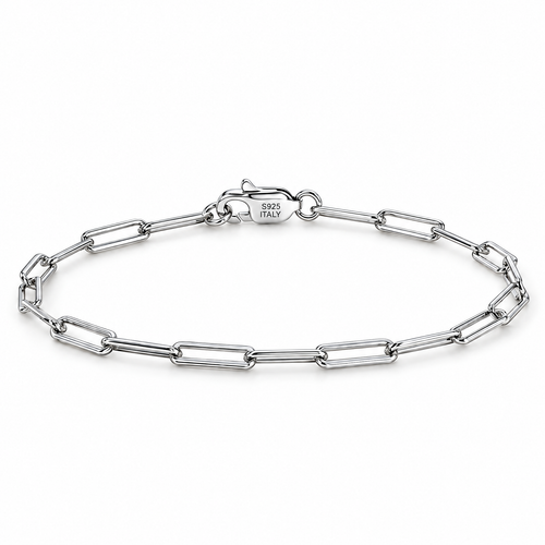 Sterling silver 2.2 mm paperclip bracelet with its visible S925 ITALY clasp, retained in the existing source angle on a seamless white studio background with a soft contact shadow; studio edit and AI enhancement of the existing supplier-source view.