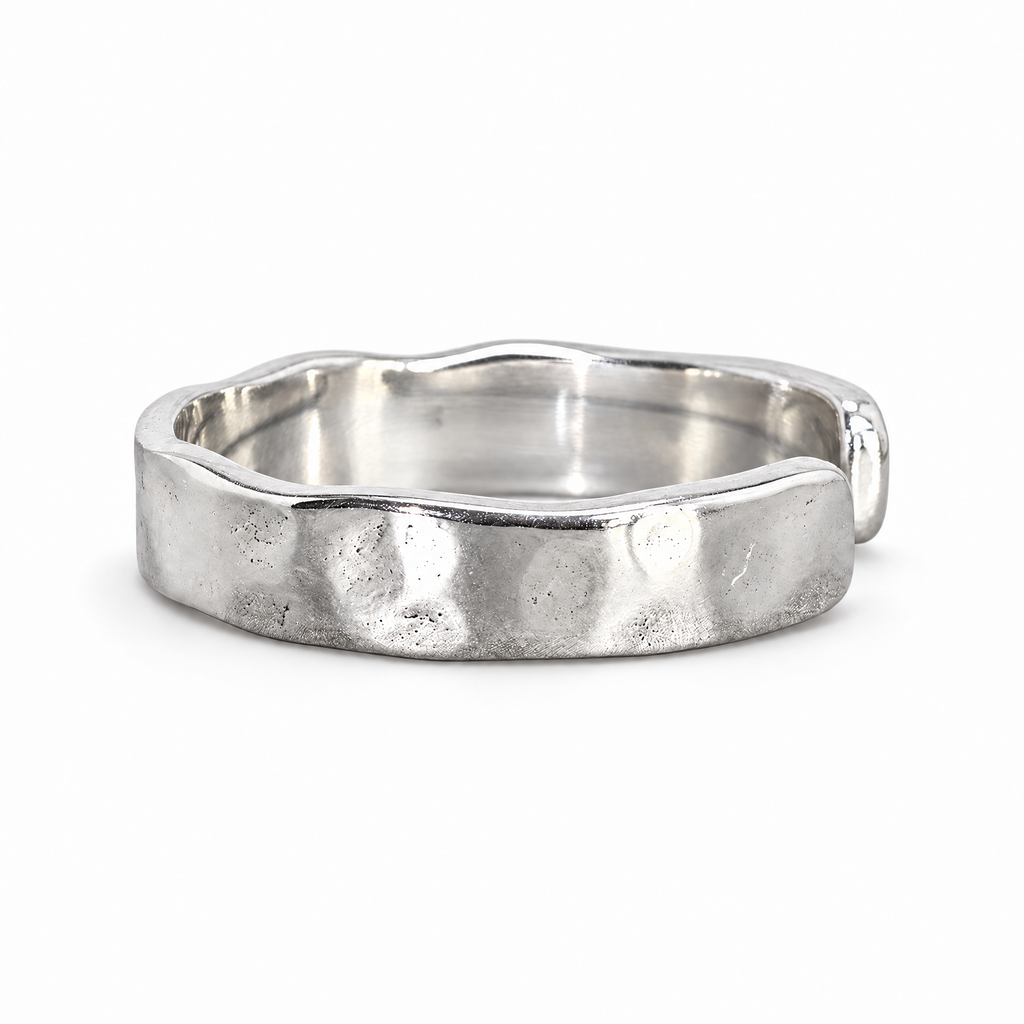 The Lena Hammered Open Band Ring in 925 sterling silver, front exterior view with white-studio lighting.