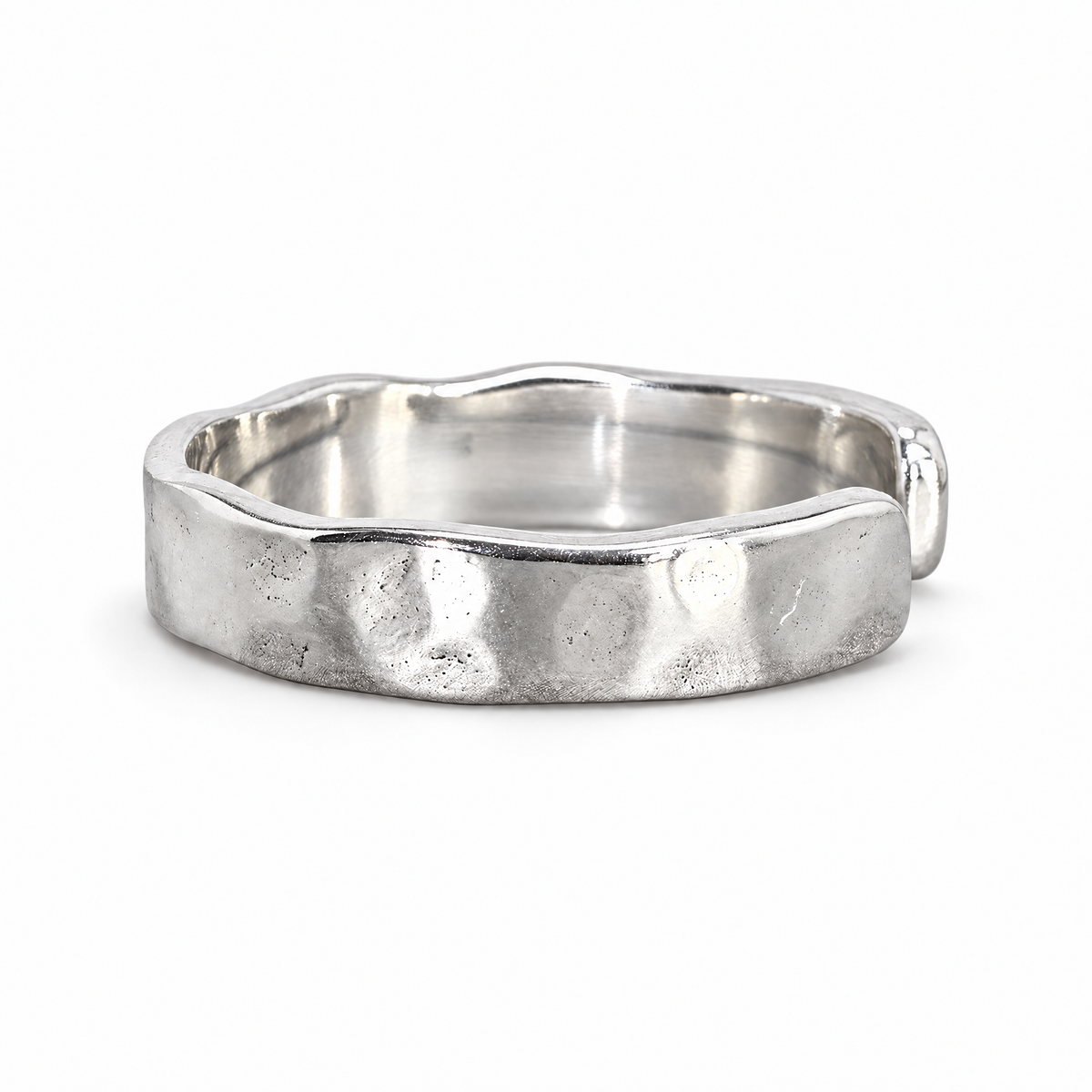 The Lena Hammered Open Band Ring in 925 sterling silver, front exterior view with white-studio lighting.