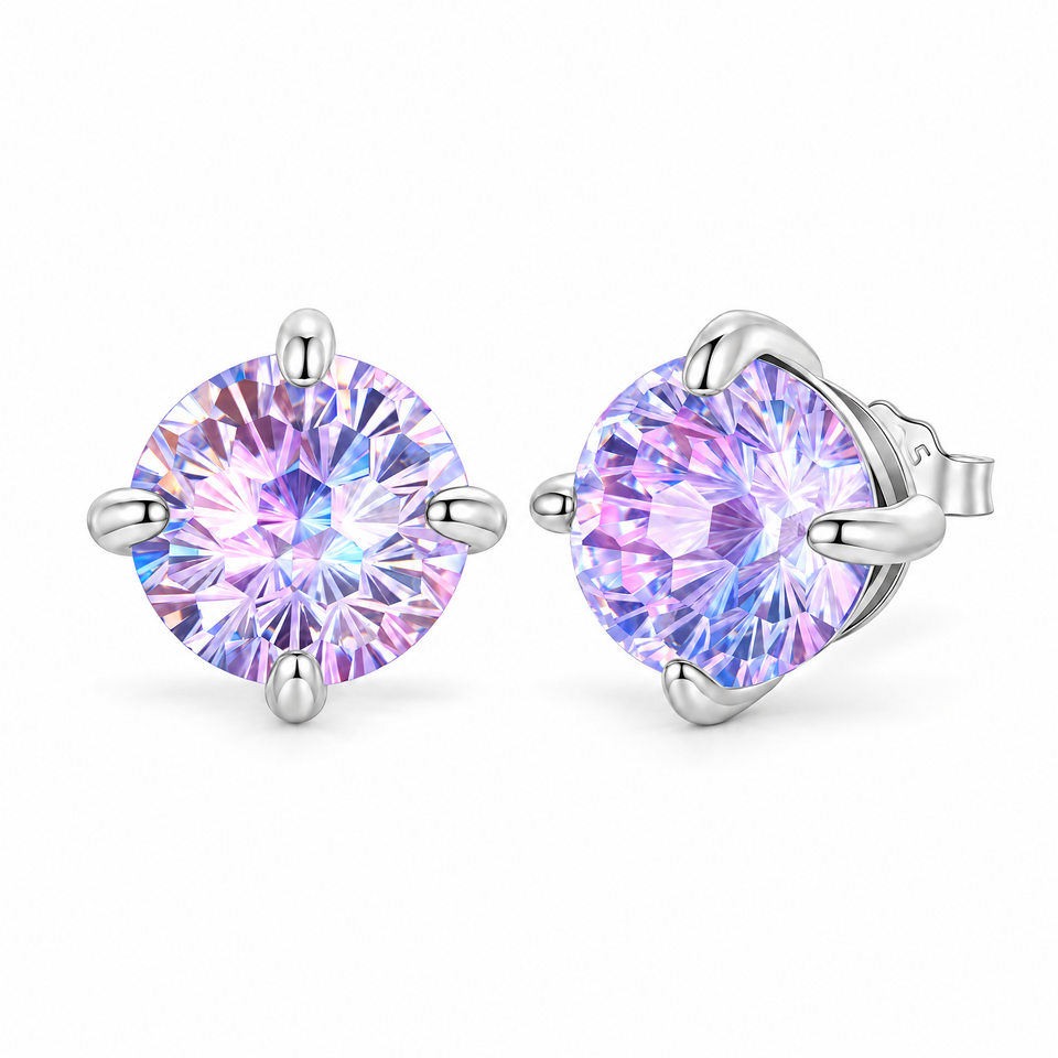 Pair of Purple CZ sterling silver stud earrings on a clean white studio background, showing one front-facing 8 mm round faceted lilac-purple stone in a four-prong setting and one matching side view with butterfly back.