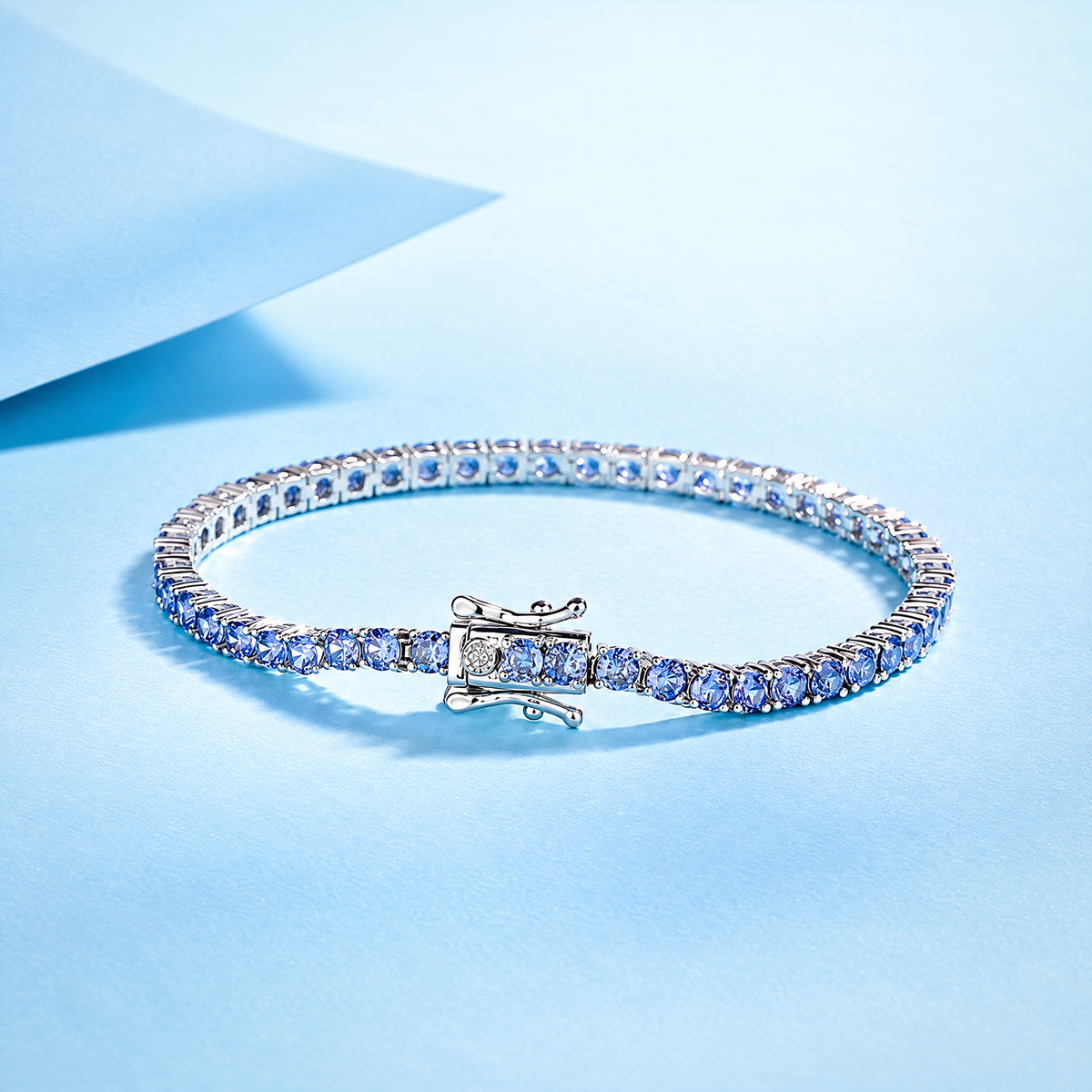 The Orla Tennis Bracelet — Closed clasp studio view; AI-enhanced supplier view