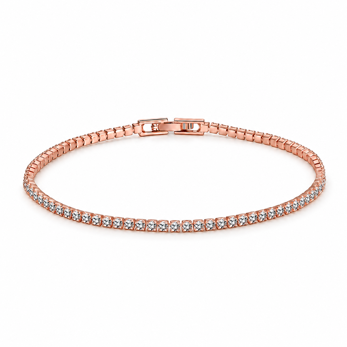 Rose Gold Tone Mila tennis bracelet with clear stones and clasp, full product view on a seamless white studio background with a soft contact shadow; existing supplier-photo background restyled with AI.