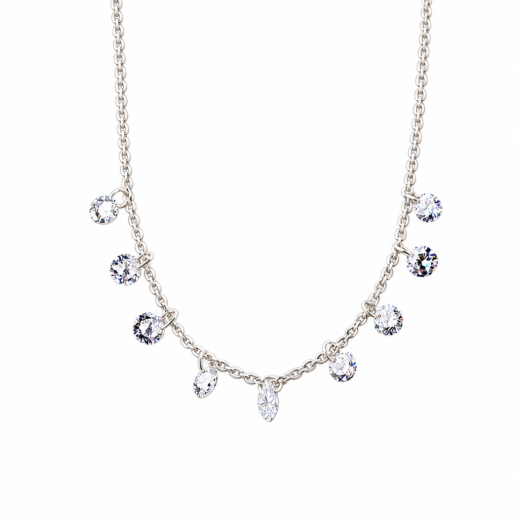 The Astrid CZ Link Necklace — silver-tone CZ charm necklace, clean front flatlay in white studio; AI-enhanced supplier view.