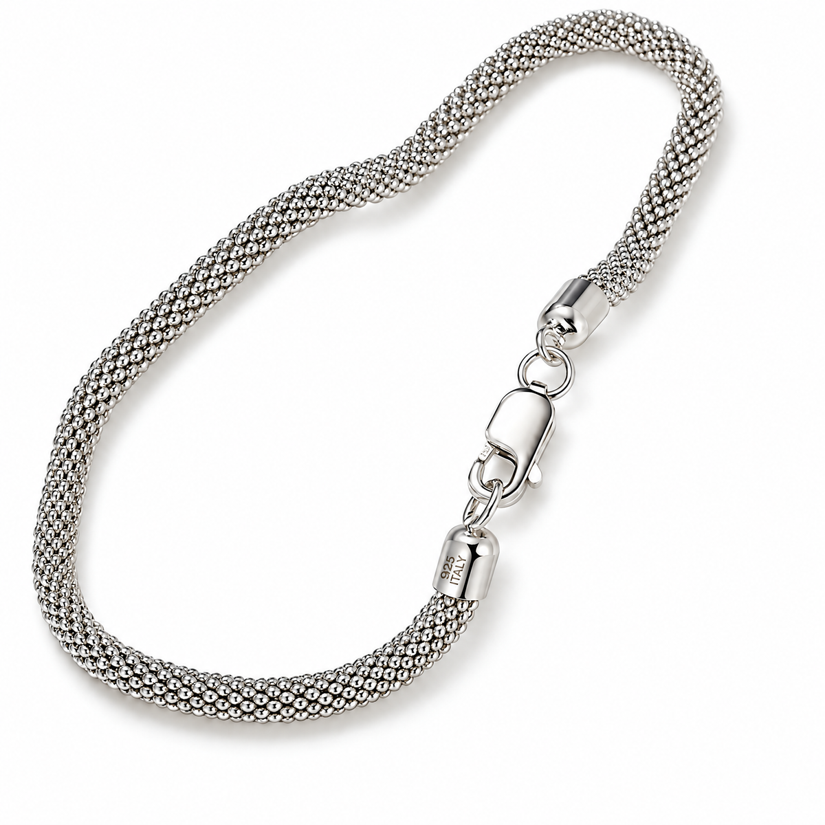 Silver-tone 3.0 mm woven mesh bracelet with lobster clasp and 925 ITALY hallmark in its existing overhead view on a seamless white studio background with a soft shadow; studio-edited and AI-enhanced from the existing supplier-photograph view.