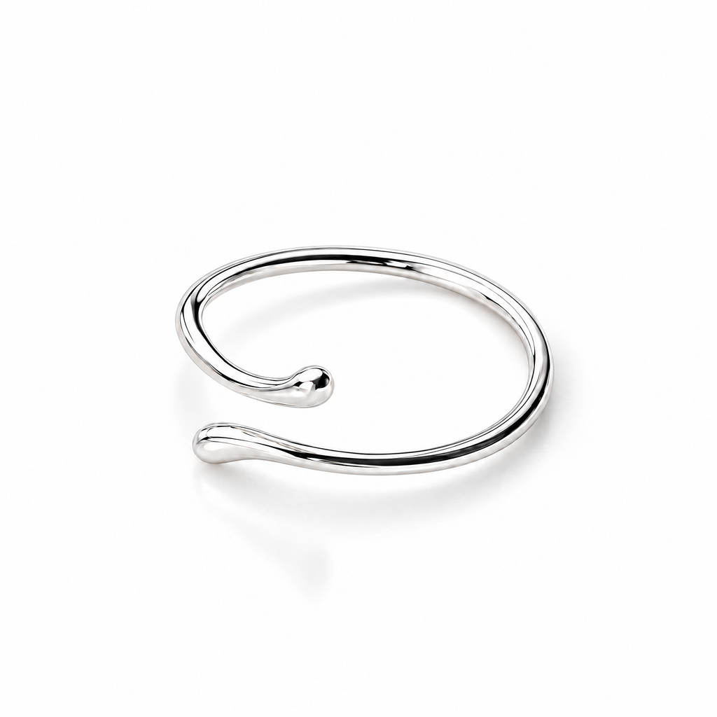 The Nova Open Geometric Band — polished silver-tone front three-quarter white-studio view with soft natural shadow; inherited reference-based AI visualization, studio edit and enhancement of the existing view.