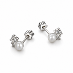 Rear product-only view of the sterling silver pearl and moissanite stud earrings, showing posts and butterfly backs on a white studio background.