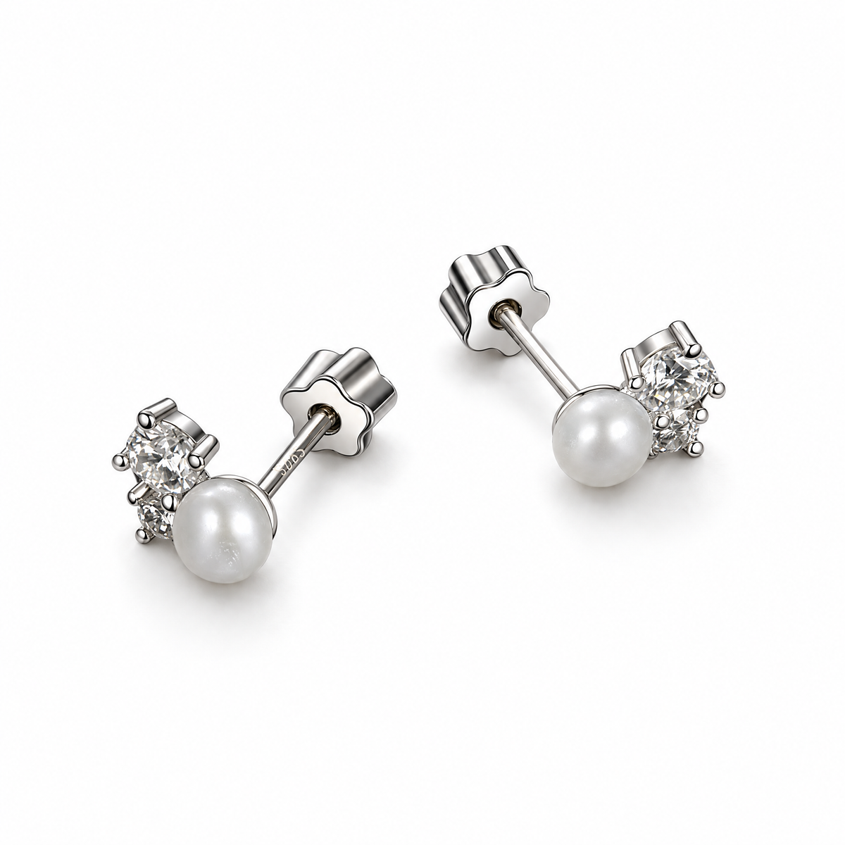 Rear product-only view of the sterling silver pearl and moissanite stud earrings, showing posts and butterfly backs on a white studio background.