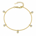 Gold Tone Helle Moissanite Station Bracelet in a full white studio view, showing five round bezel stations, clasp, extension chain and S925 end tag.