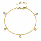 Gold Tone Helle Moissanite Station Bracelet in a full white studio view, showing five round bezel stations, clasp, extension chain and S925 end tag.