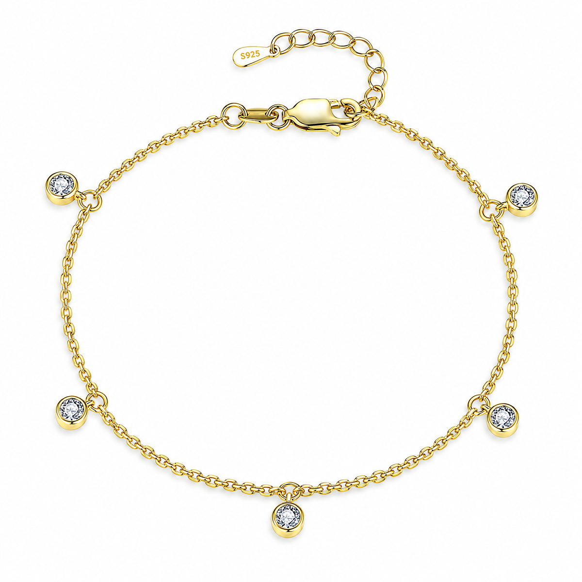 Gold Tone Helle Moissanite Station Bracelet in a full white studio view, showing five round bezel stations, clasp, extension chain and S925 end tag.