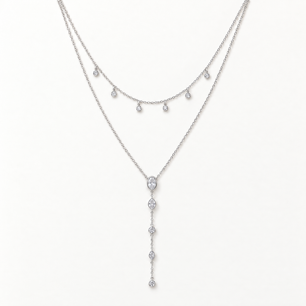 The Lyra Y-Drop Lariat — Silver full flat-lay close view; reference-based AI visualization