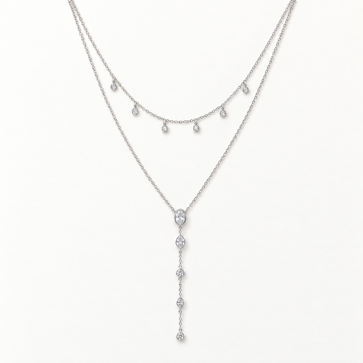 The Lyra Y-Drop Lariat — Silver full flat-lay close view; reference-based AI visualization