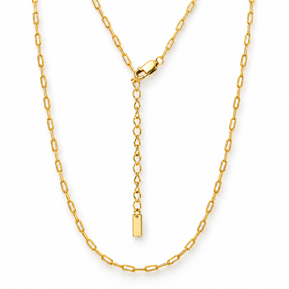 Tova yellow-gold-tone dainty paperclip chain necklace with clasp and extender in a white studio treatment; AI enhancement of the existing supplier-photo restyle view, not an independent jewelry photograph.