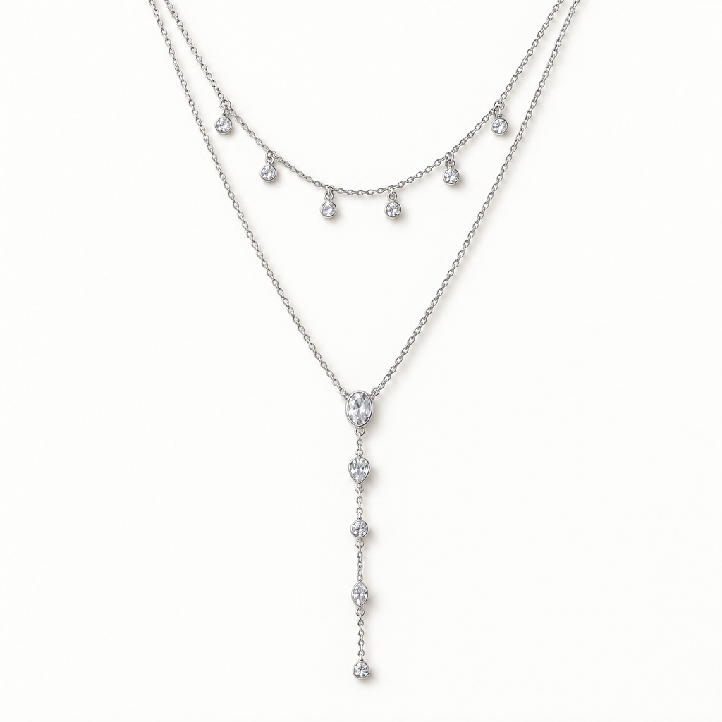 The Lyra Y-Drop Lariat — Silver upper-drape detail — correct main setting; reference-based AI visualization