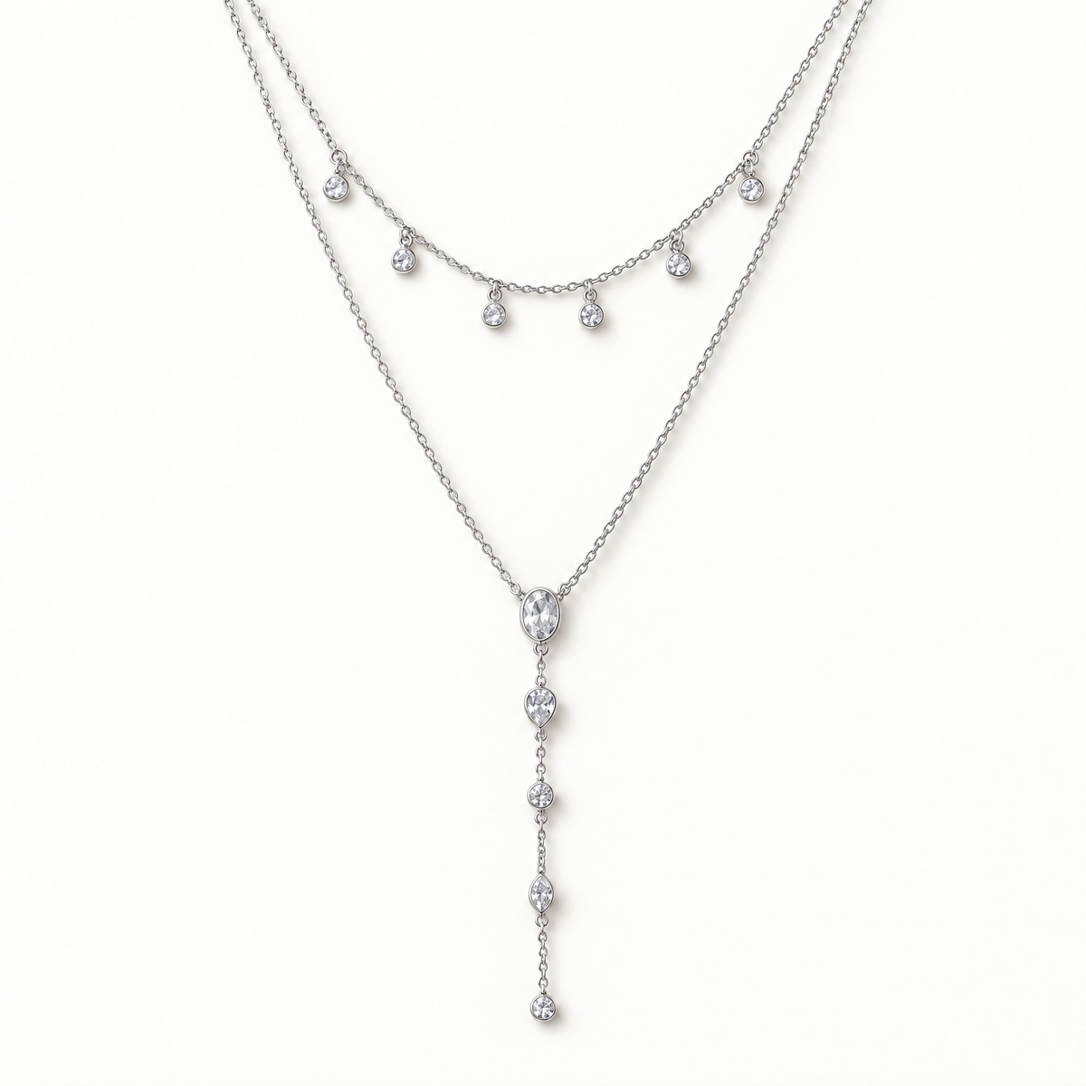 The Lyra Y-Drop Lariat — Silver upper-drape detail — correct main setting; reference-based AI visualization