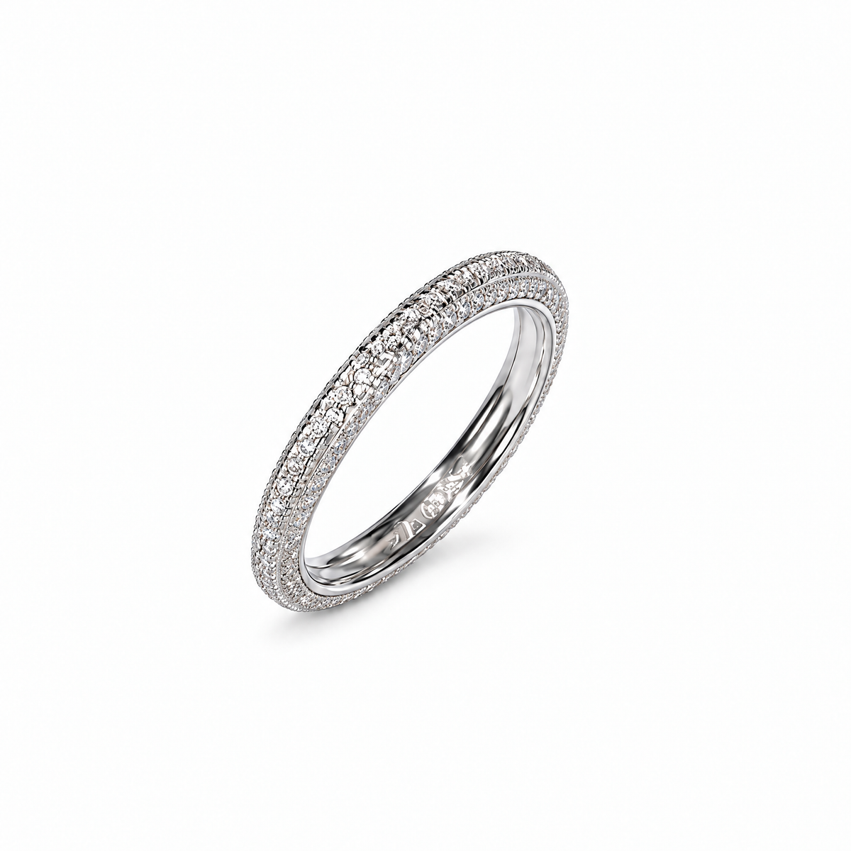 The Klint CZ Pavé Band — upright rotation view in a seamless white studio with soft shadow; studio edit and AI enhancement of the existing AI-enhanced supplier view.
