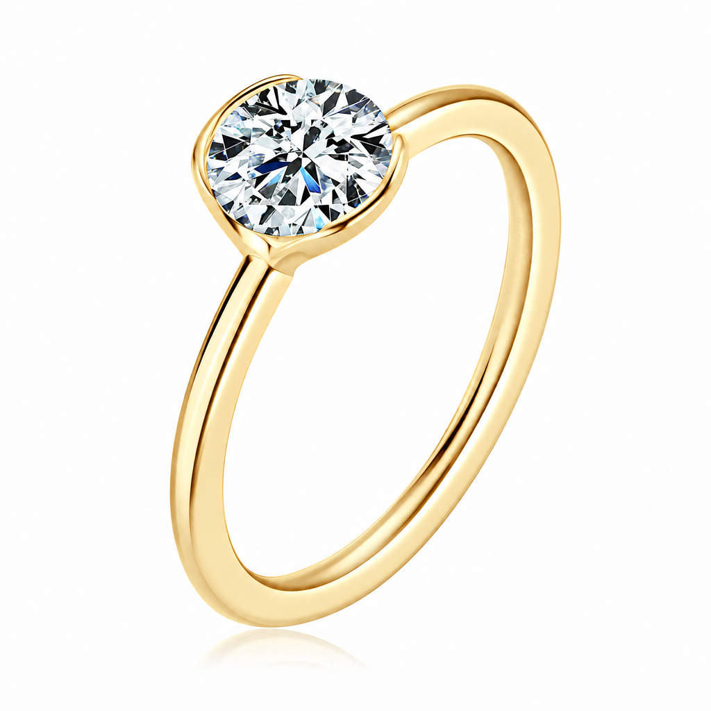 Astrea gold-tone moissanite solitaire ring — studio three-quarter; AI-enhanced supplier view